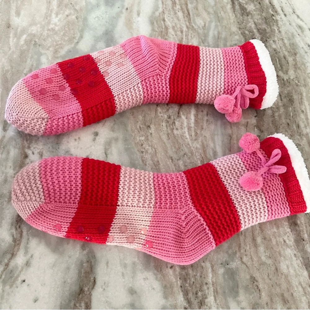 Sherpa Fleece Lined Striped Slipper Socks With Grippers & Pom Pom - Soft & Cozy